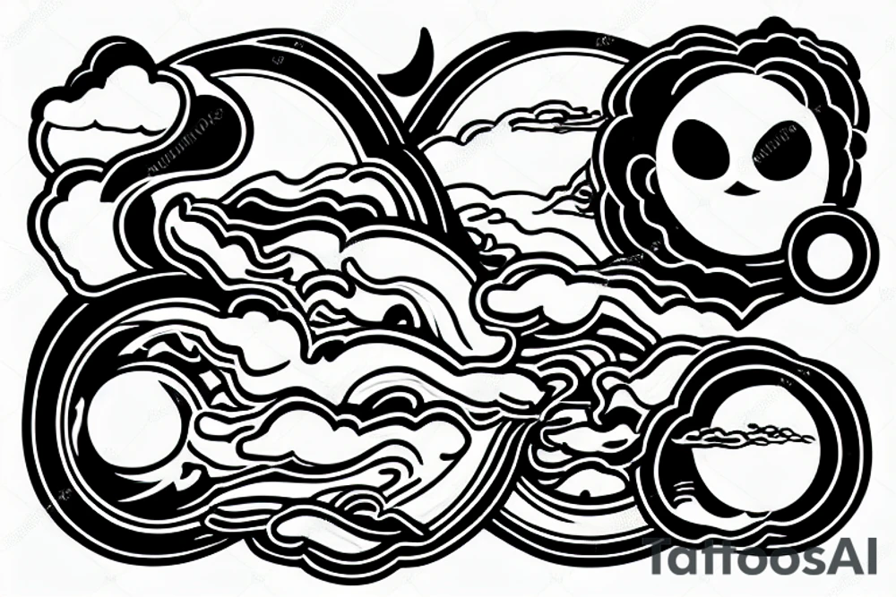 Large river flowing with clouds reflected and a white moon in the middle of a circle tattoo idea