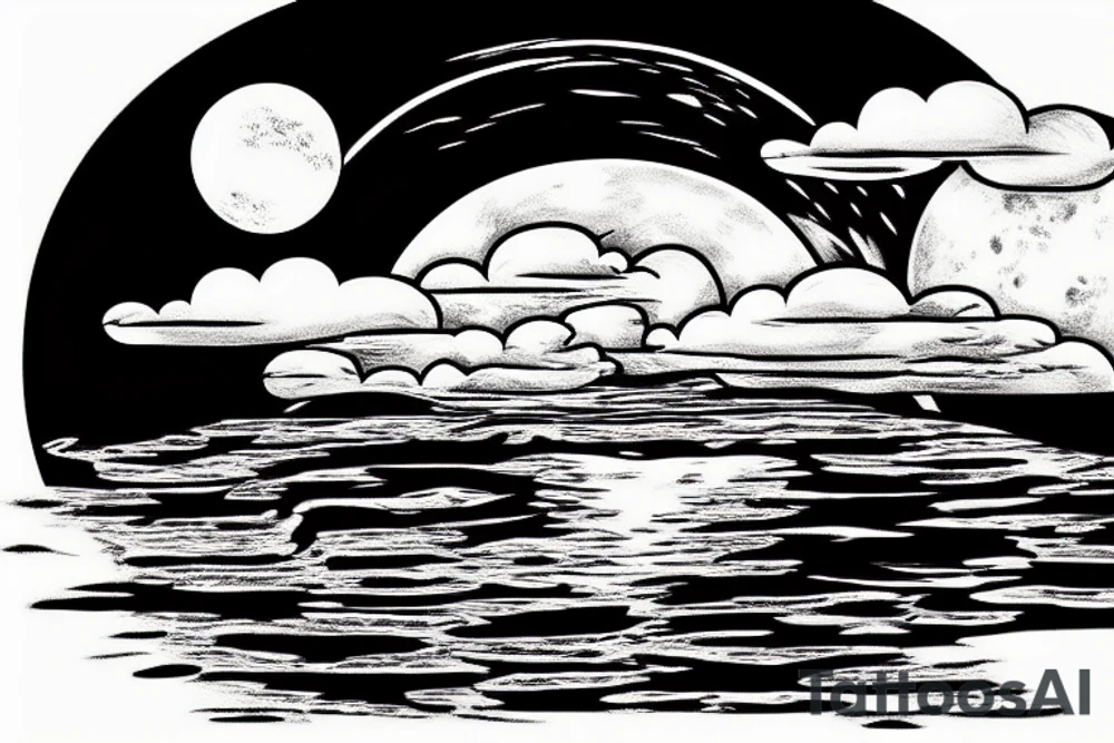 Large river flowing with clouds reflected and a white moon in the middle of a circle tattoo idea