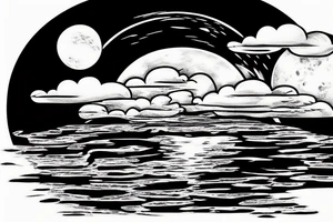 Large river flowing with clouds reflected and a white moon in the middle of a circle tattoo idea