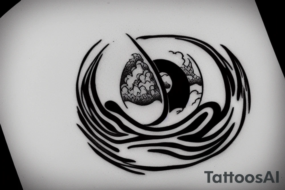 Large river flowing with clouds reflected and a white moon in the middle of a circle tattoo idea