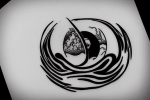 Large river flowing with clouds reflected and a white moon in the middle of a circle tattoo idea