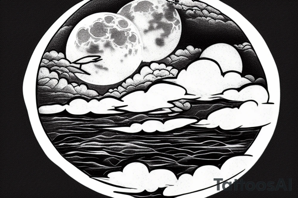 Large river flowing with clouds reflected and a moon in the middle of a circle tattoo idea