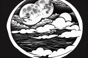 Large river flowing with clouds reflected and a moon in the middle of a circle tattoo idea