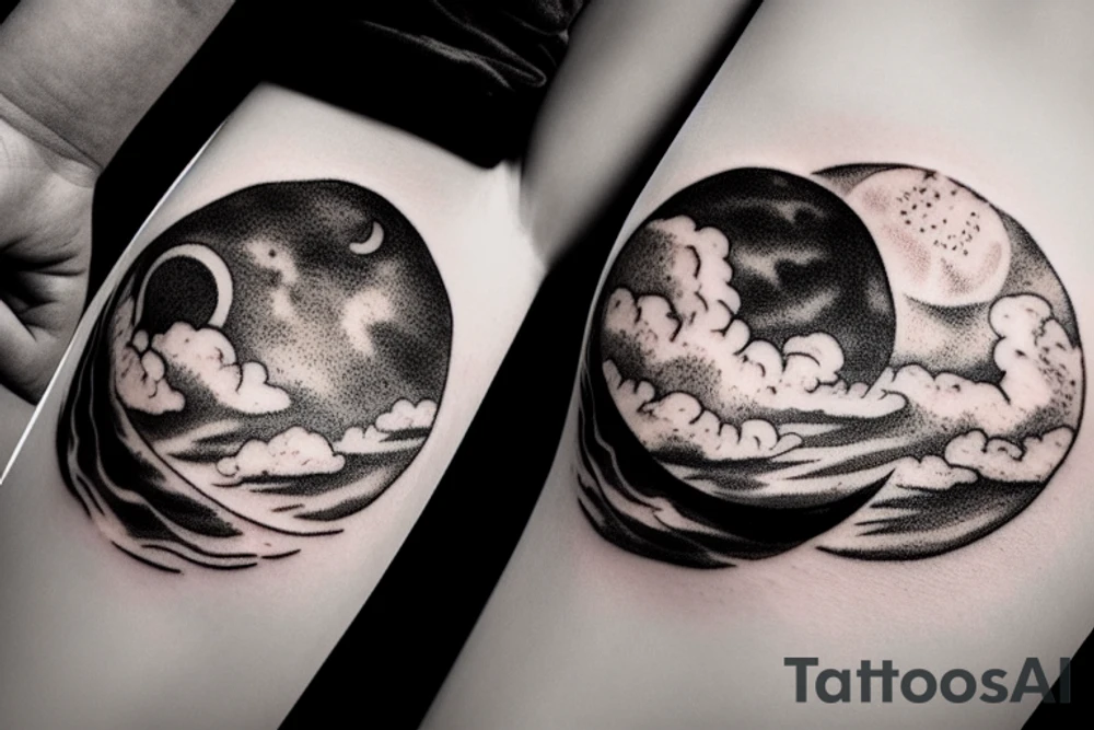 Large river flowing with clouds reflected and a moon in the middle of a circle tattoo idea