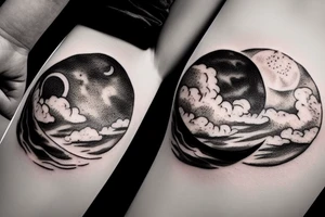 Large river flowing with clouds reflected and a moon in the middle of a circle tattoo idea