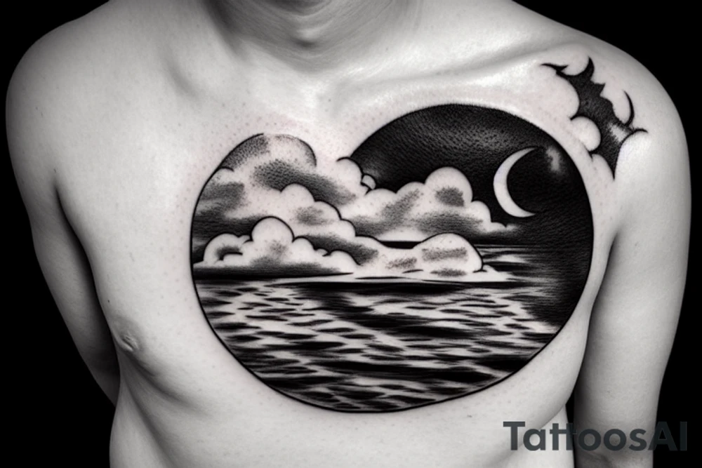 Large river flowing with clouds reflected and a moon in the middle of a circle tattoo idea