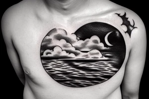 Large river flowing with clouds reflected and a moon in the middle of a circle tattoo idea