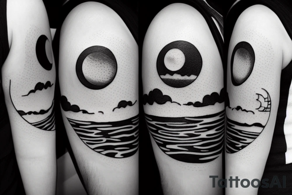 Circle of Pool of water with reflection of clouds and small moon tattoo idea