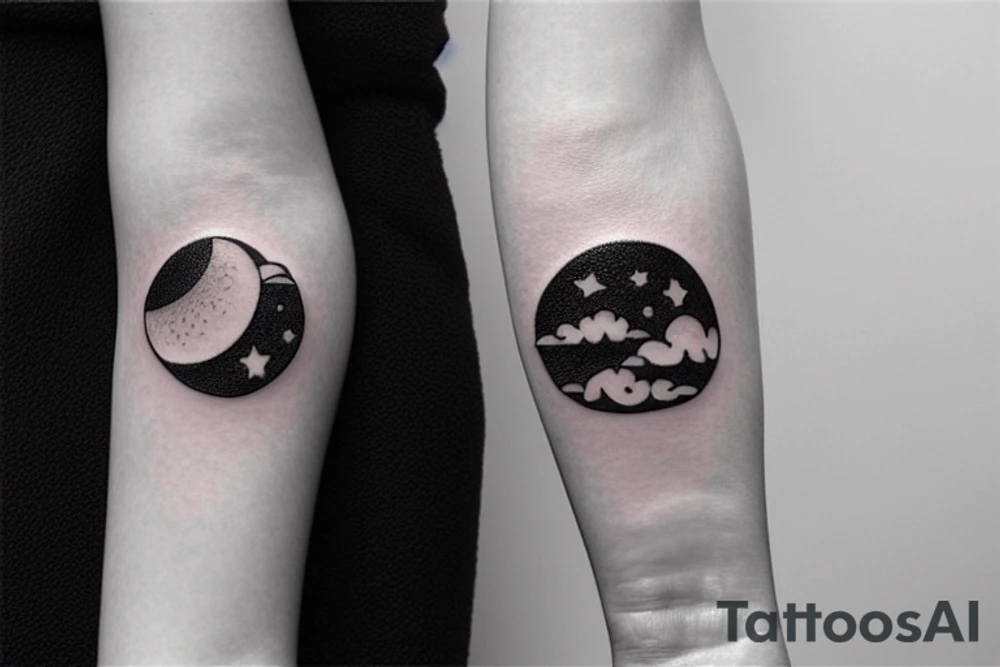 Circle that shows a river with a small moon, stars, and clouds tattoo idea Circle that shows a river with a small moon, stars, and clouds tattoo idea