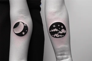 Circle that shows a river with a small moon, stars, and clouds tattoo idea