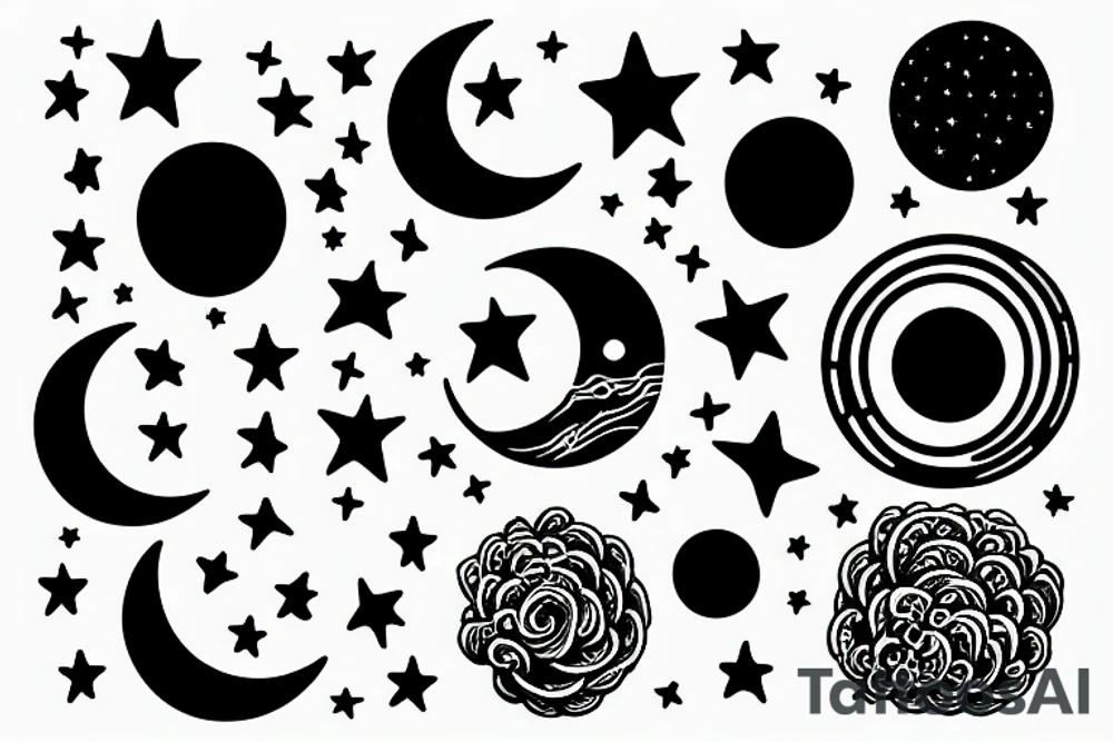 Circle that shows a river with a small moon, stars, and clouds tattoo idea
