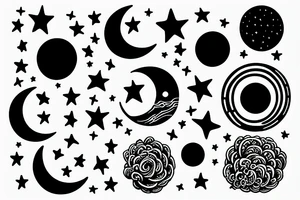 Circle that shows a river with a small moon, stars, and clouds tattoo idea