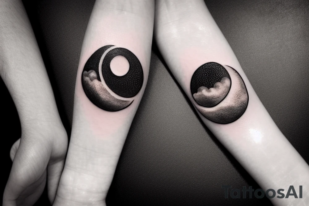 Circle that shows a river with a small moon, stars, and clouds tattoo idea