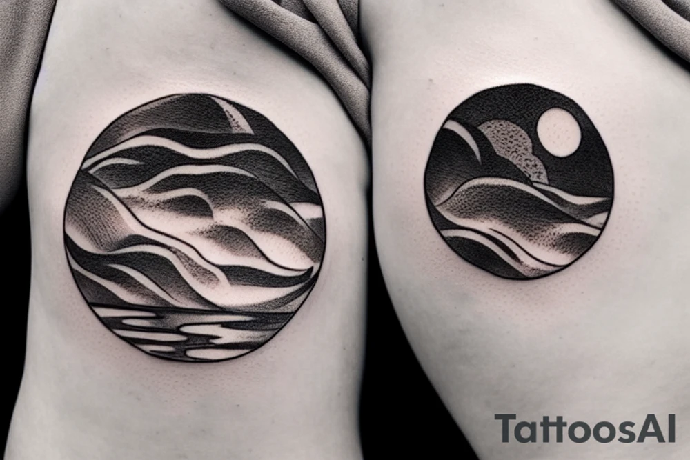 Outline of a river and flowing water texture that has a hidden moon and small puffy clouds all in a circle tattoo idea