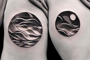 Outline of a river and flowing water texture that has a hidden moon and small puffy clouds all in a circle tattoo idea