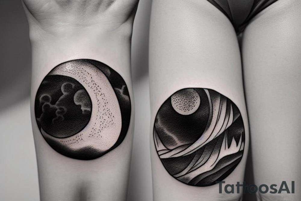 Outline of a river and flowing water texture that has a hidden moon and small puffy clouds all in a circle tattoo idea