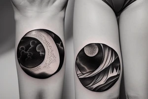 Outline of a river and flowing water texture that has a hidden moon and small puffy clouds all in a circle tattoo idea