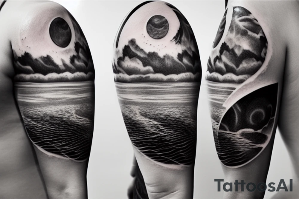Outline of a river and flowing water texture that has a hidden moon and small puffy clouds all in a circle tattoo idea