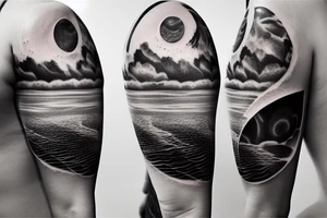 Outline of a river and flowing water texture that has a hidden moon and small puffy clouds all in a circle tattoo idea