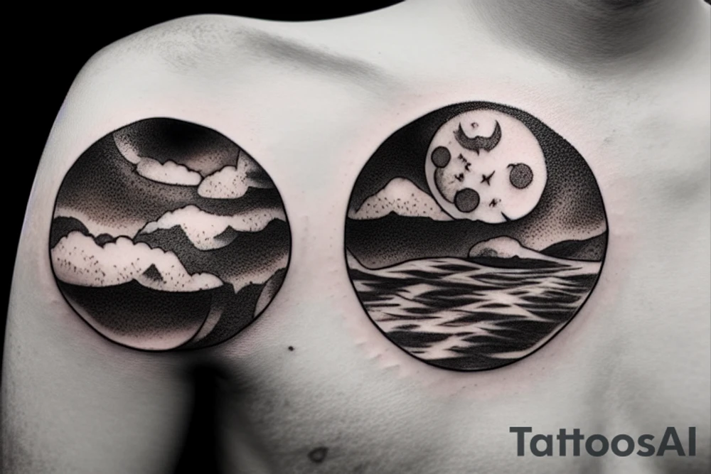 Outline of a river and flowing water texture that has a hidden moon and small puffy clouds all in a circle tattoo idea