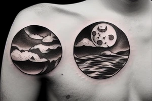 Outline of a river and flowing water texture that has a hidden moon and small puffy clouds all in a circle tattoo idea