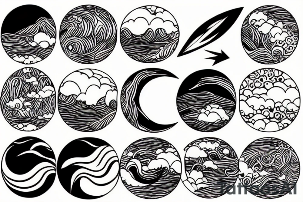 Outline of a river and flowing water texture that has a hidden moon and small puffy clouds all in a circle tattoo idea