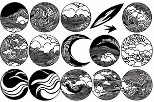 Outline of a river and flowing water texture that has a hidden moon and small puffy clouds all in a circle tattoo idea