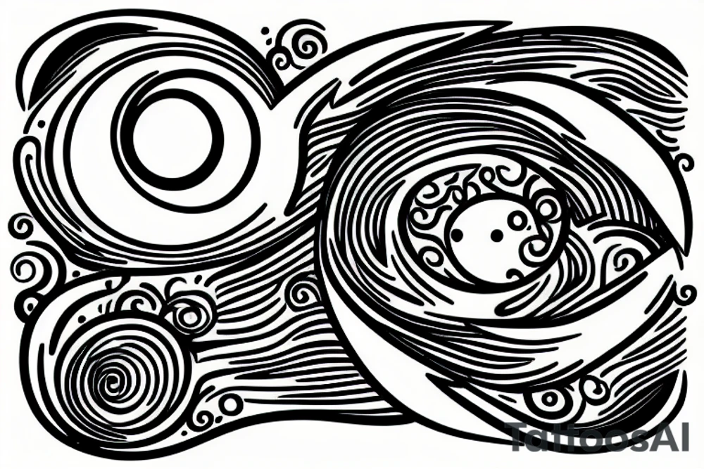 Outline of a river and flowing water texture that has a hidden moon and small puffy clouds all in a circle tattoo idea