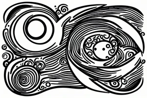 Outline of a river and flowing water texture that has a hidden moon and small puffy clouds all in a circle tattoo idea
