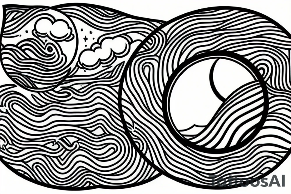 Outline of a river and flowing water texture that has a hidden moon and small puffy clouds all in a circle tattoo idea