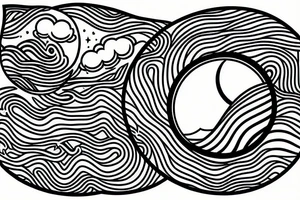 Outline of a river and flowing water texture that has a hidden moon and small puffy clouds all in a circle tattoo idea