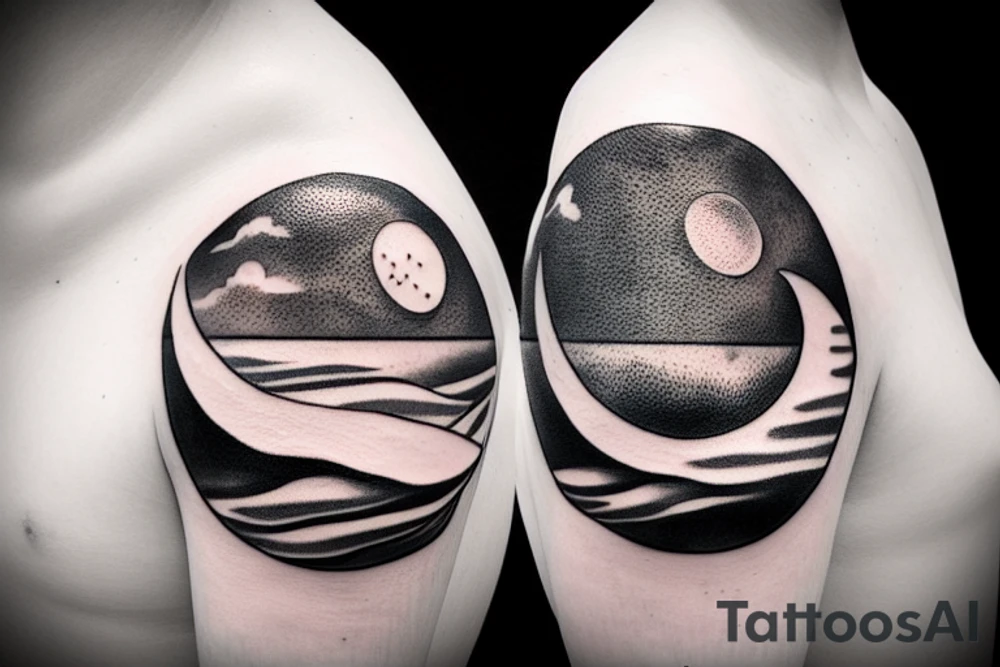 Outline of a river and flowing water texture that has a hidden moon and small puffy clouds all in a circle tattoo idea