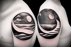 Outline of a river and flowing water texture that has a hidden moon and small puffy clouds all in a circle tattoo idea