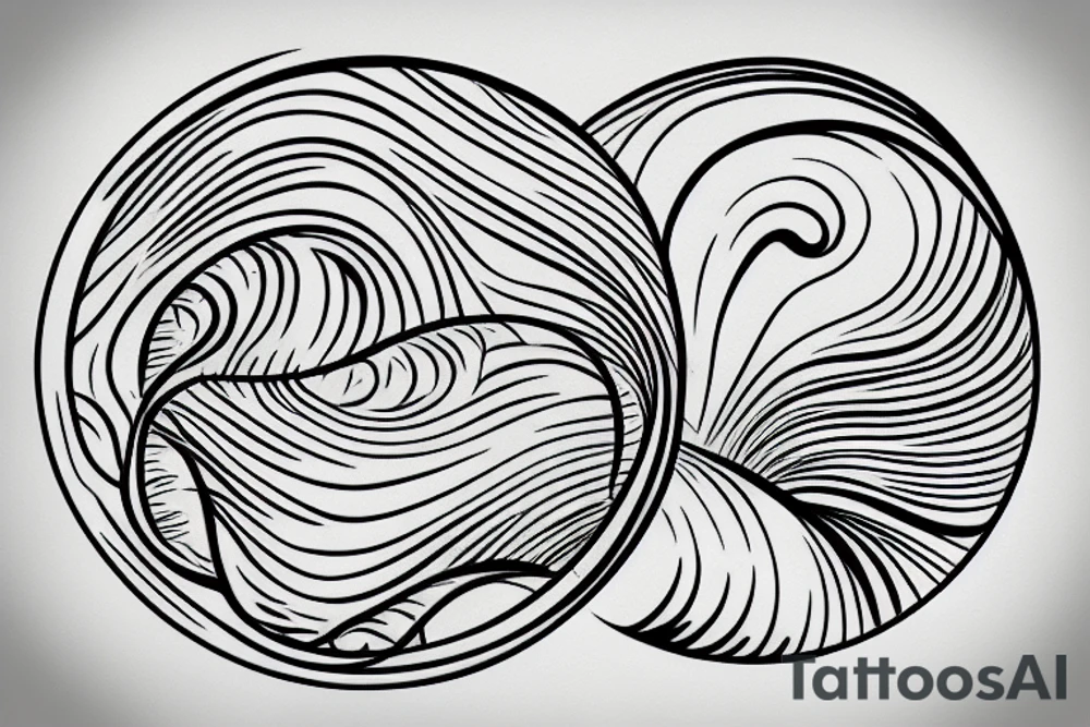 Outline of a river and flowing water texture that has a hidden moon and small puffy clouds all in a circle tattoo idea