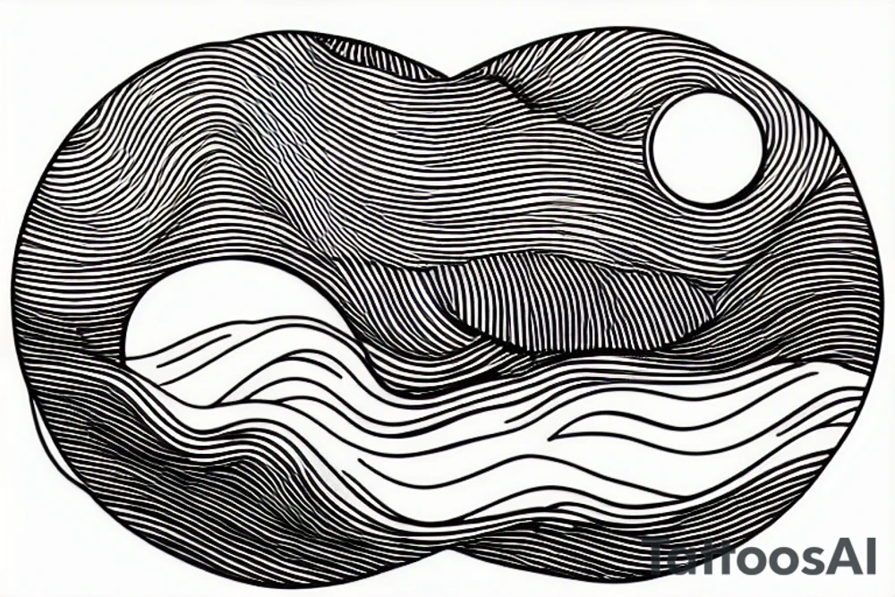 Outline of a river and flowing water texture that has a hidden moon and small puffy clouds all in a circle tattoo idea