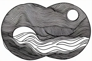 Outline of a river and flowing water texture that has a hidden moon and small puffy clouds all in a circle tattoo idea