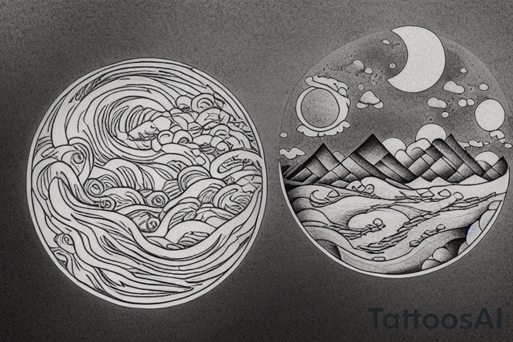 Outline of a river and flowing water texture that has a hidden moon and small puffy clouds all in a circle tattoo idea