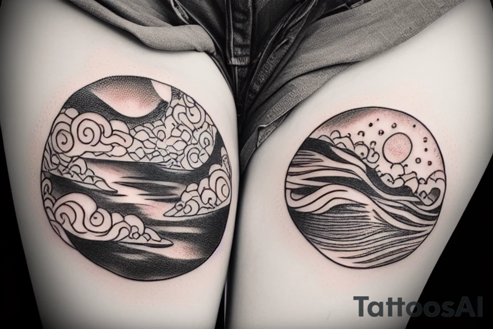 Outline of a river and flowing water texture that has a hidden moon and small puffy clouds all in a circle tattoo idea