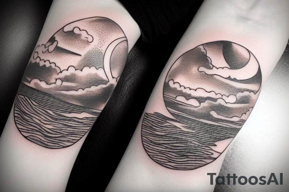 Outline of a river and flowing water texture that has a hidden moon and small puffy clouds all in a circle tattoo idea