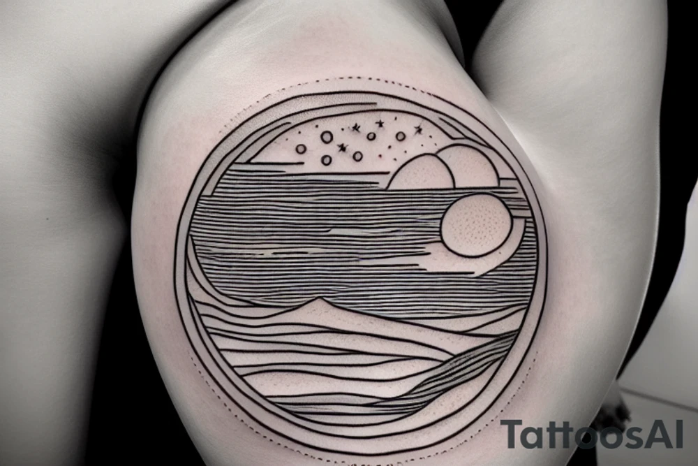 Outline of a river and flowing water texture that has a hidden moon and small puffy clouds all in a circle tattoo idea