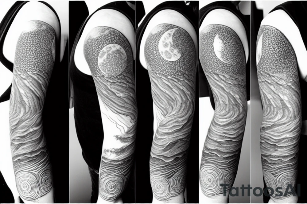 Outline of a river and flowing water texture that has a hidden moon and small puffy clouds all in a circle tattoo idea
