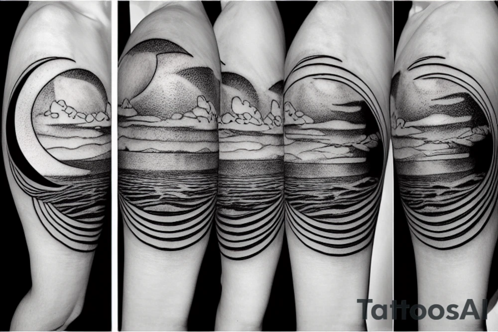 Outline of a river and flowing water texture that has a hidden moon and small puffy clouds all in a circle tattoo idea