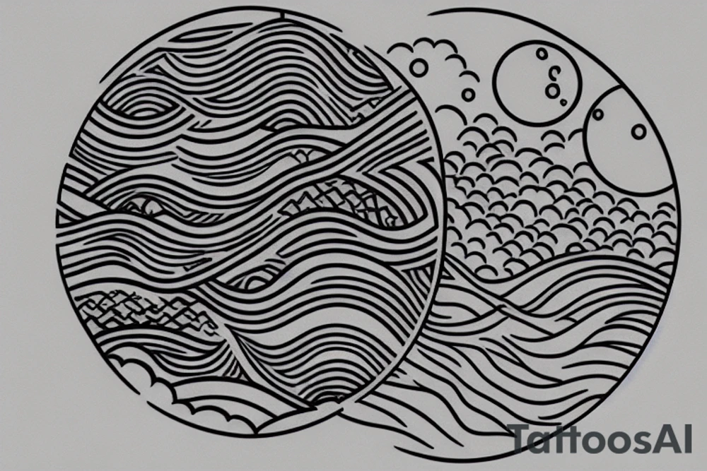 Outline of a river and flowing water texture that has a hidden moon and small puffy clouds all in a circle tattoo idea