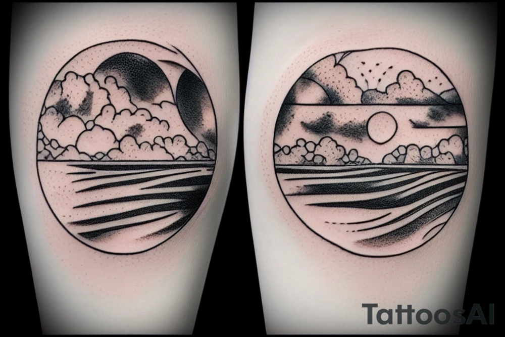 Outline of a river and flowing water texture that has a hidden moon and small puffy clouds all in a circle tattoo idea