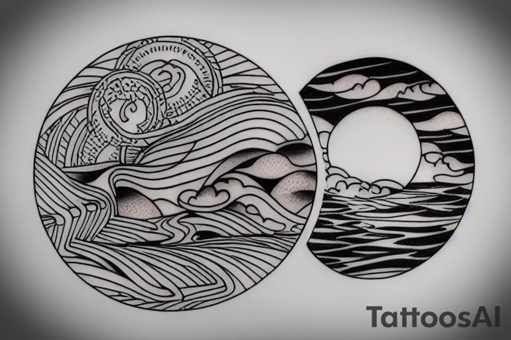 Outline of a river and flowing water texture that has a hidden moon and small puffy clouds all in a circle tattoo idea
