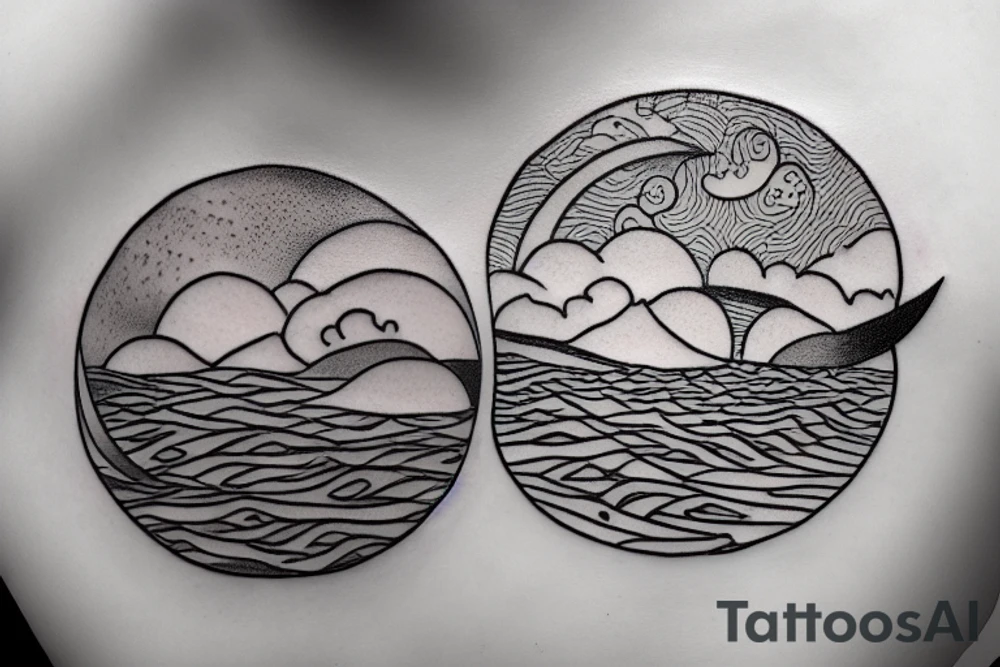 Outline of a river and flowing water texture that has a hidden moon and small puffy clouds all in a circle tattoo idea