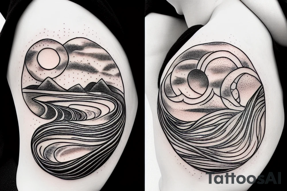 Outline of a river and flowing water texture that has a hidden moon and small puffy clouds all in a circle tattoo idea