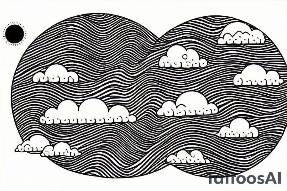 Outline of a river and flowing water texture that has a hidden moon and small puffy clouds all in a circle tattoo idea