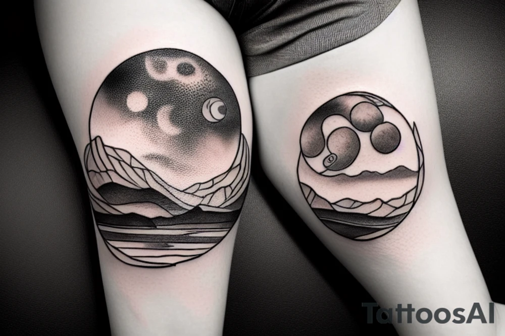 Outline of a river and flowing water texture that has a hidden moon and small puffy clouds all in a circle tattoo idea