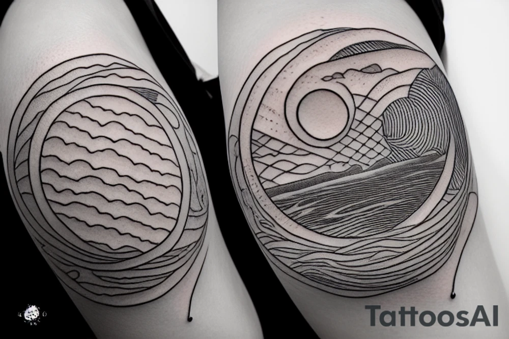 Outline of a river and flowing water texture that has a hidden moon and small puffy clouds all in a circle tattoo idea